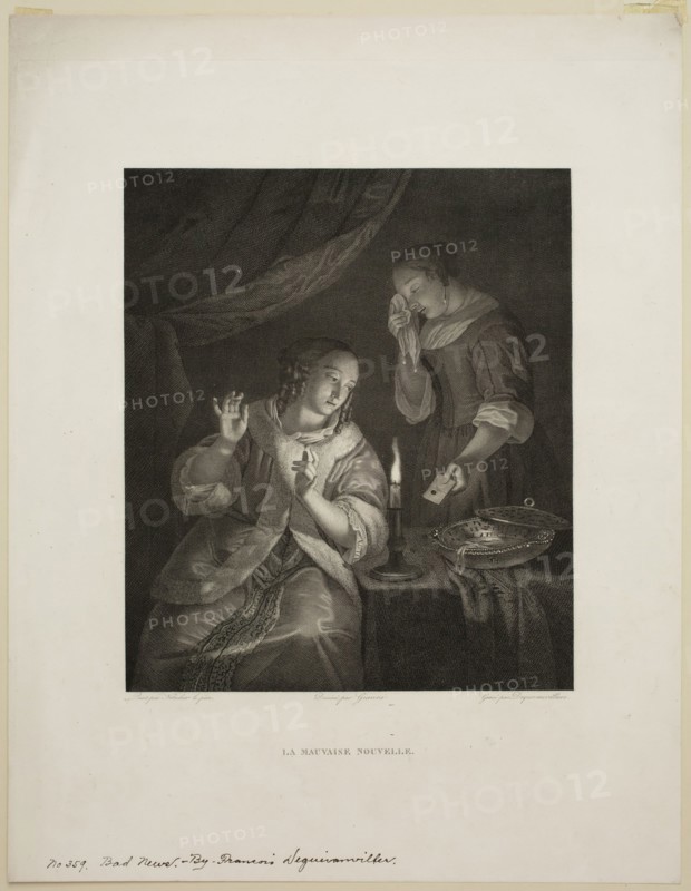 François Nicolas Barthel Dequevauviller, French, 1745-1807, after Caspar Netscher, Dutch, ca. between 1636 and 1639 - 1684, La mauvais nouvelle, between 1745 and 1807, etching and engraving printed in black ink on wove paper, Image (no visible plate mark): 11 × 9 3/8 inches (27.9 × 23.8 cm)