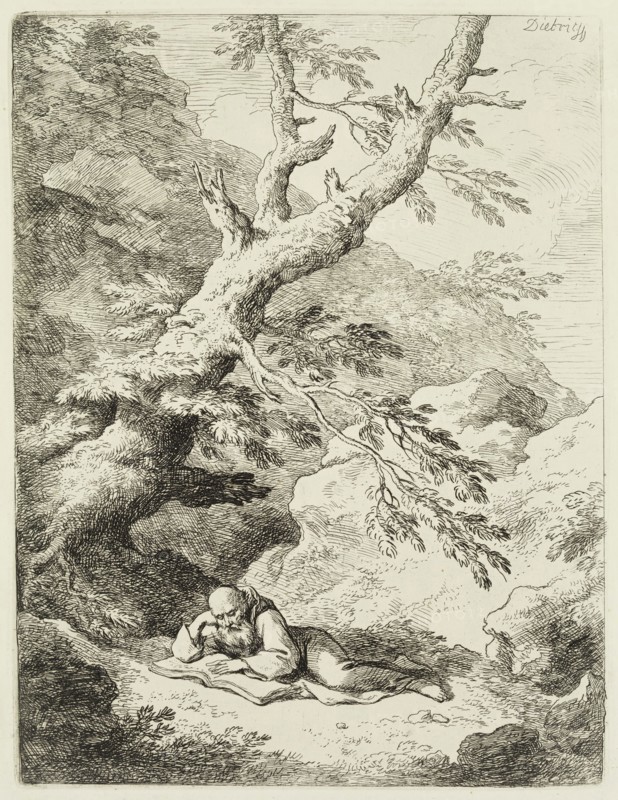 Christian Wilhelm Ernst Dietrich, German, 1712-1774, The Hermit, ca. 1763, etching printed in black ink on wove paper, Plate: 7 1/4 × 5 1/2 inches (18.4 × 14 cm)