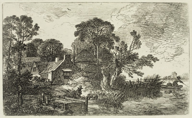 Christian Wilhelm Ernst Dietrich, German, 1712-1774, House by a River, 1744, etching printed in black ink on wove paper, Plate: 3 1/2 × 5 3/4 inches (8.9 × 14.6 cm)