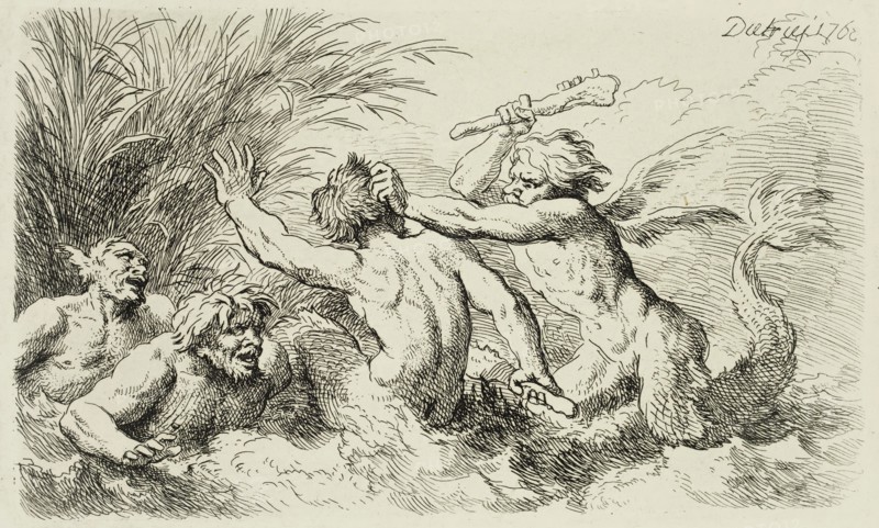 Christian Wilhelm Ernst Dietrich, German, 1712-1774, Battle of the Sea Gods, 1763, Engraving printed in black ink on wove paper, Plate: 3 3/8 × 5 5/8 inches (8.6 × 14.3 cm)