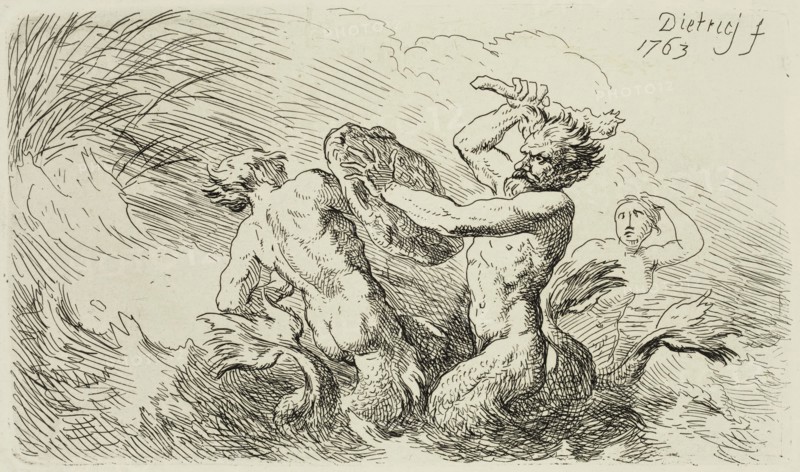 Christian Wilhelm Ernst Dietrich, German, 1712-1774, Mermen Fighting, 1763, Engraving printed in black ink on wove paper, Plate: 3 1/4 × 5 5/8 inches (8.3 × 14.3 cm)