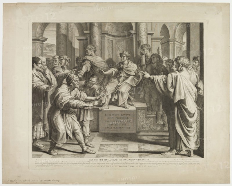 Nicolas Dorigny, French, 1652-1746, after Raphael, Italian, 1483-1520, Elymas Struck Blind, between 1652 and 1746, engraving printed in black ink on laid paper, Plate: 20 1/2 × 24 3/8 inches (52.1 × 61.9 cm)