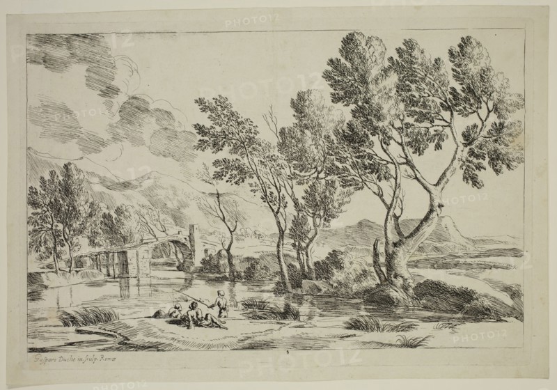 Gaspard Dughet, French, 1615-1675, Landscape with River, 17th century, etching printed in black ink on laid paper, Plate: 8 × 11 7/8 inches (20.3 × 30.2 cm)