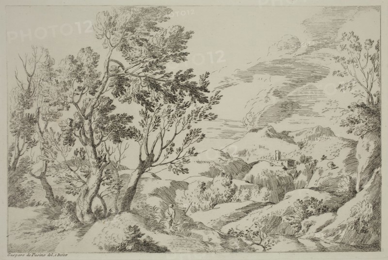 Unknown (French), after Gaspard Dughet, French, 1615-1675, Untitled, between 17th and 18th century, etching printed in black ink on wove paper, Plate: 8 × 11 7/8 inches (20.3 × 30.2 cm)