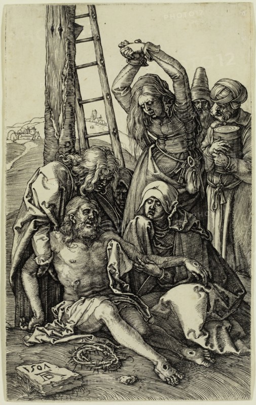 Albrecht Dürer, German, 1471-1528, Lamentation, 1507, engraving printed in black ink on laid paper, Sheet (trimmed inside plate mark): 4 1/2 × 2 3/4 inches (11.4 × 7 cm)