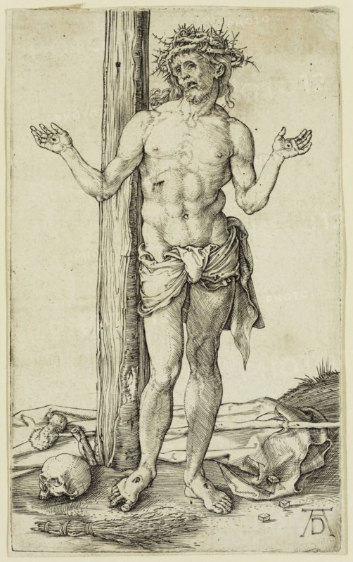 Albrecht Dürer, German, 1471-1528, The Man of Sorrows with Arms Outstretched, ca. 1500, engraving printed in black ink on laid paper, Sheet (trimmed within plate mark): 4 5/8 × 2 3/4 inches (11.7 × 7 cm)