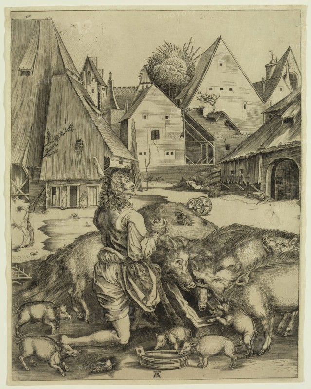 after Albrecht Dürer, German, 1471-1528, The Prodigal Son amid the Swine, c. 1496, Engraving printed in black on wove paper, sheet (trimmed within plate mark):