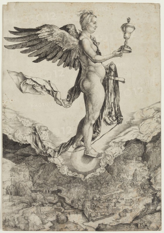 Albrecht Dürer, German, 1471-1528, Nemesis, between 1501 and 1502, engraving printed in black ink on laid paper, Sheet (trimmed within plate mark): 13 × 9 inches (33 × 22.9 cm)