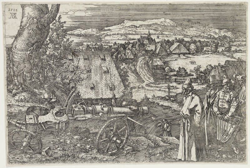 Albrecht Dürer, German, 1471-1528, Landscape with Cannon, 1518, etching printed in black ink on laid paper, Plate: 8 1/2 × 12 5/8 inches (21.6 × 32.1 cm)