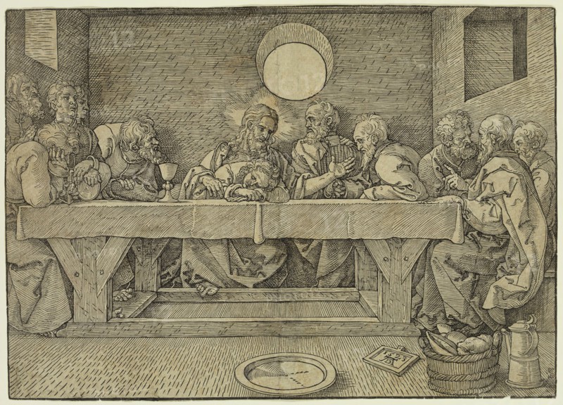 Albrecht Dürer, German, 1471-1528, The Last Supper, 1523, woodcut printed in black ink on laid paper, Sheet (trimmed to image edge): 8 3/8 × 11 3/4 inches (21.3 × 29.8 cm)