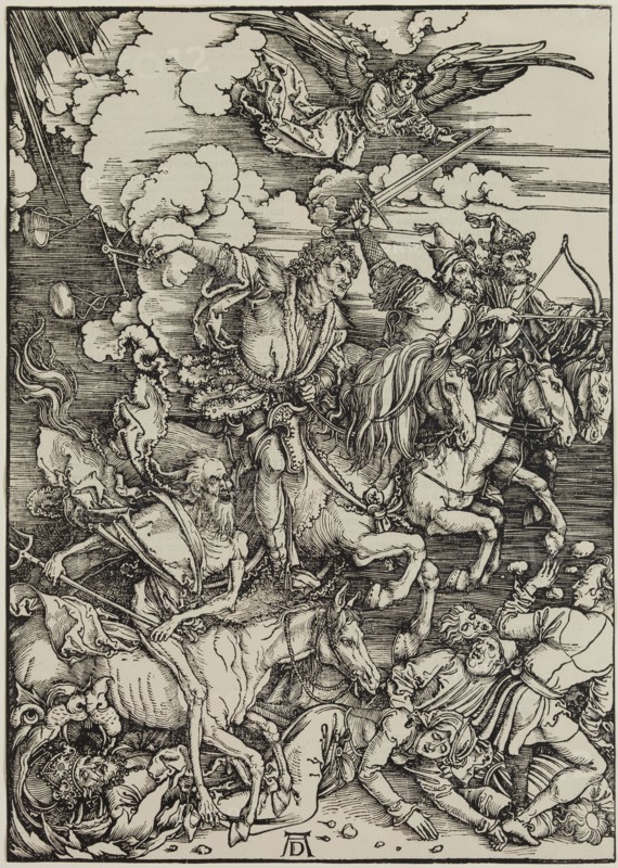 Albrecht Dürer, German, 1471-1528, The Four Horsemen, between 1497 and 1498, woodcut printed in black ink on laid paper, Sheet (trimmed to image): 15 1/2 × 11 inches (39.4 × 27.9 cm)
