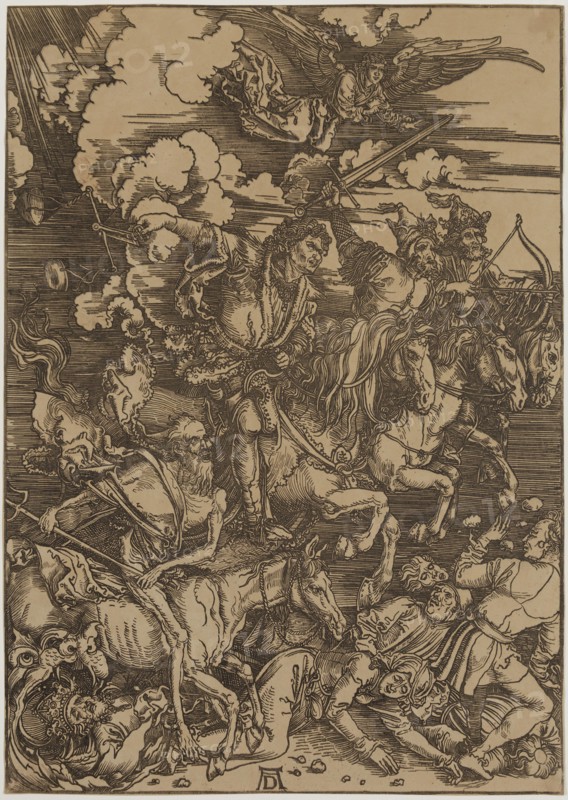 Albrecht Dürer, German, 1471-1528, The Four Horsemen, between 1497 and 1498, Photomechanical reproduction? of the woodcut, Image and sheet: 15 1/4 × 10 3/4 inches (38.7 × 27.3 cm)