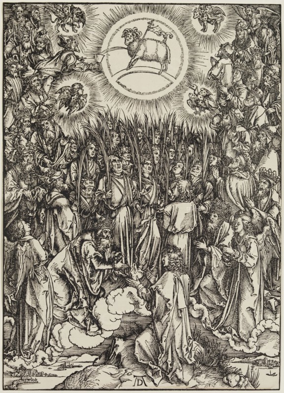 Albrecht Dürer, German, 1471-1528, The Adoration of the Lamb, ca. 1496, woodcut printed in black ink on laid paper, Sheet (trimmed to image edge): 15 1/2 × 11 1/8 inches (39.4 × 28.3 cm)