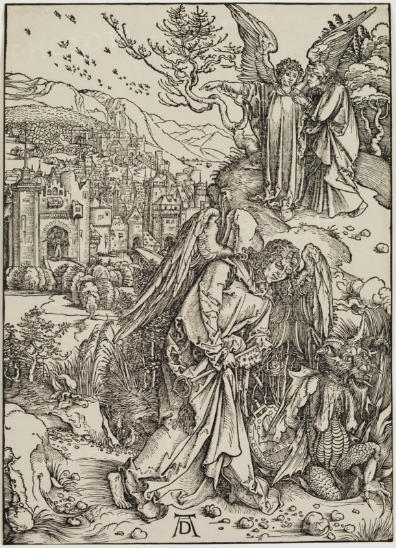 Albrecht Dürer, German, 1471-1528, The Angel with the Key of the Bottomless Pit, between 1496 and 1497, woodcut printed in black ink on laid paper, Sheet (trimmed to image): 15 1/2 × 11 1/8 inches (39.4 × 28.3 cm)