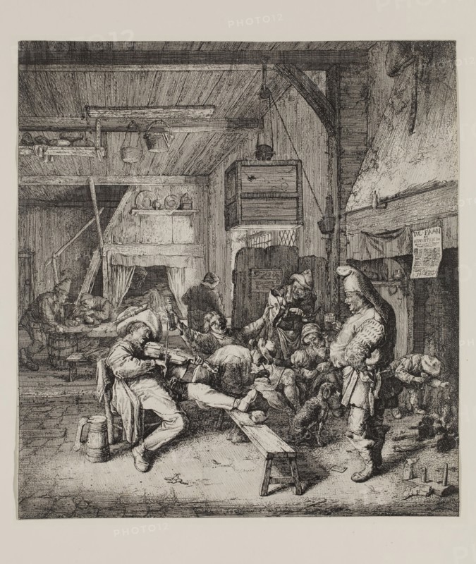 Cornelius Dusart, Dutch, 1660-1704, Sitting Fiddler, 1685, Etching and roulette printed in black on laid paper, sheet (trimmed within plate mark):