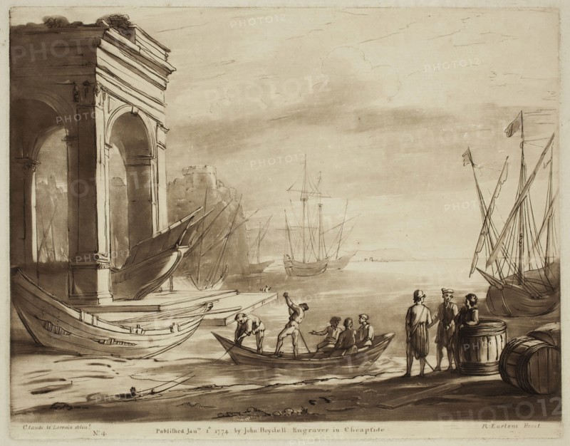 Richard Earlom, English, 1743 - 1822, after Claude Gellée, French, 1600-1682, The Merchants, ca. 1773, etching and mezzotint printed in brown ink on laid paper, Plate: 8 × 10 1/8 inches (20.3 × 25.7 cm)