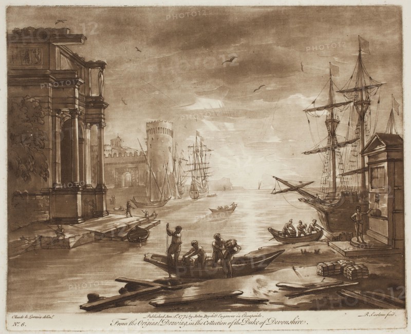 Richard Earlom, English, 1743 - 1822, after Claude Gellée, French, 1600-1682, Harbor Scene at Sunset, ca. 1773, etching and mezzotint printed in brown ink on laid paper, Plate: 8 1/4 × 10 1/8 inches (21 × 25.7 cm)