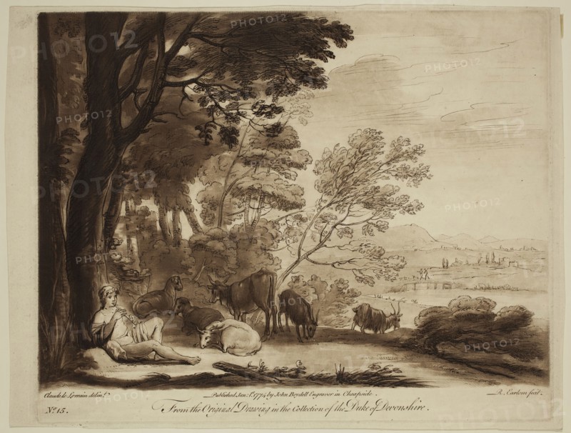 Richard Earlom, English, 1743 - 1822, after Claude Gellée, French, 1600-1682, Piping Herdsman, ca. 1773, etching and mezzotint printed in brown ink on laid paper, Plate: 8 1/8 × 10 1/8 inches (20.6 × 25.7 cm)