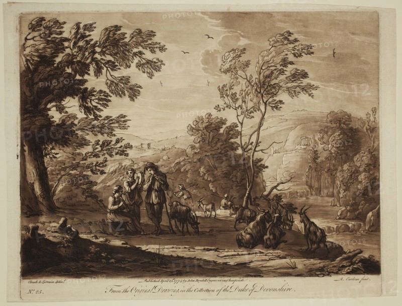 Richard Earlom, English, 1743 - 1822, after Claude Gellée, French, 1600-1682, Pastoral Musicians, ca. 1774, etching and mezzotint printed in brown ink on laid paper, Plate: 8 1/8 × 10 1/8 inches (20.6 × 25.7 cm)