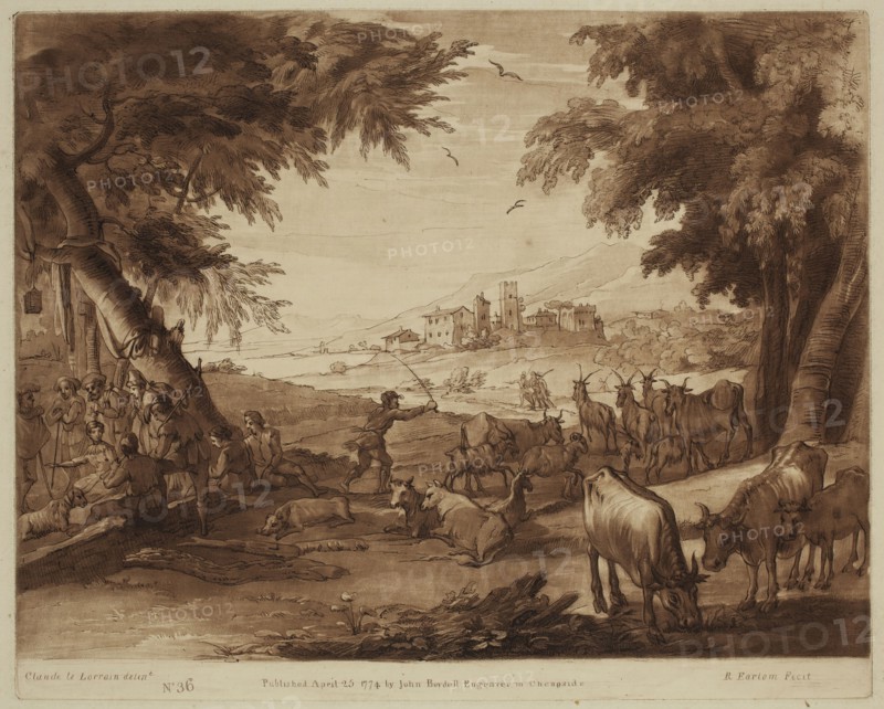 Richard Earlom, English, 1743 - 1822, after Claude Gellée, French, 1600-1682, Herdsman Listening to a Piper, ca. 1774, etching and mezzotint printed in brown ink on laid paper, Plate: 8 1/8 × 10 1/8 inches (20.6 × 25.7 cm)