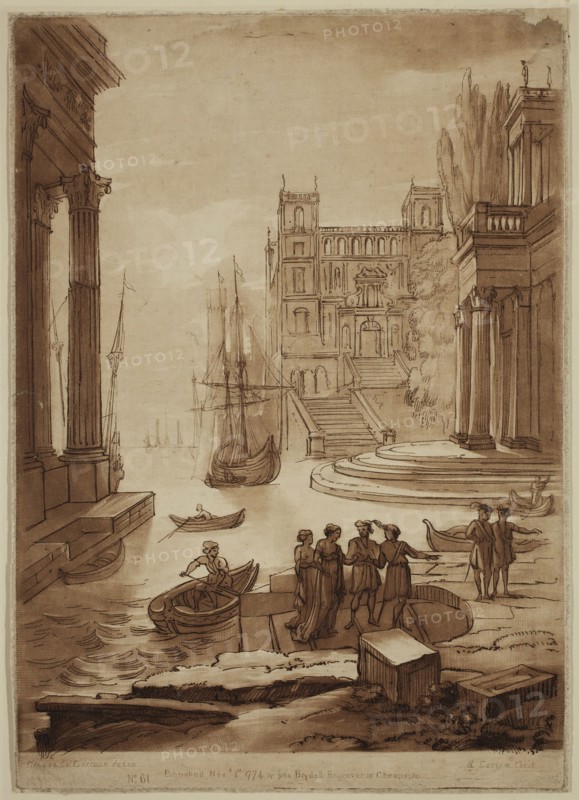 Richard Earlom, English, 1743 - 1822, after Claude Gellée, French, 1600-1682, Seaport with the Debarkation of a Lady of Quality, ca. 1774, etching and mezzotint printed in brown ink on laid paper, Plate: 10 5/8 × 7 1/2 inches (27 × 19.1 cm)