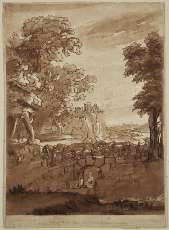 Richard Earlom, English, 1743 - 1822, after Claude Gellée, French, 1600-1682, Peasants Driving Cattle over a Bridge, ca. 1774, etching and mezzotint printed in brown ink on laid paper, Plate: 10 5/8 × 7 1/2 inches (27 × 19.1 cm)