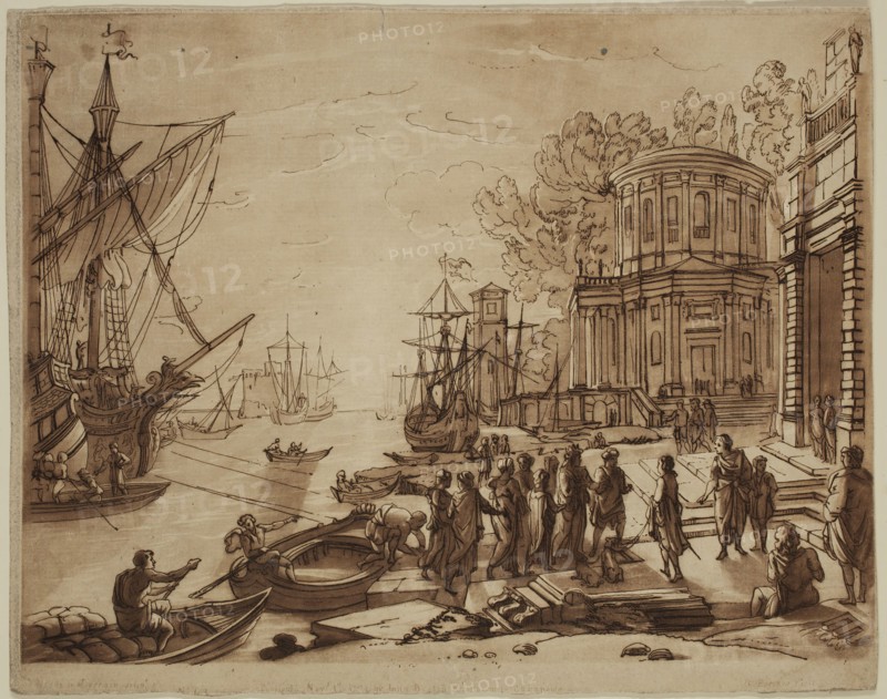 Richard Earlom, English, 1743 - 1822, after Claude Gellée, French, 1600-1682, Landing of Cleopatra, ca. 1774, etching and mezzotint printed in brown ink on laid paper, Sheet (trimmed to image edge): 8 1/8 × 10 3/8 inches (20.6 × 26.4 cm)