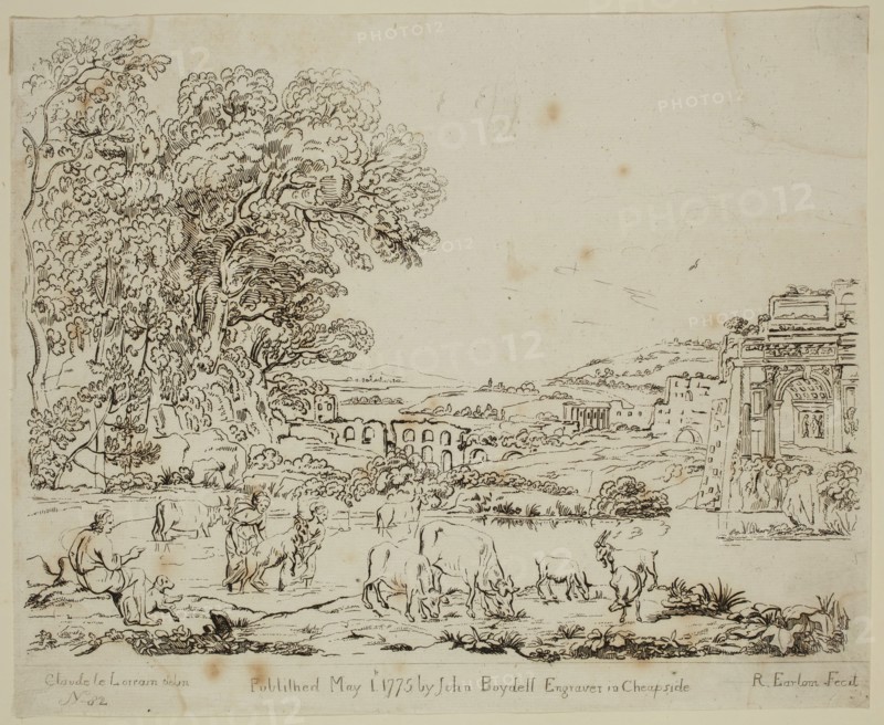 Richard Earlom, English, 1743 - 1822, after Claude Gellée, French, 1600-1682, Woman with Goat and Browsing Cattle, ca. 1775, etching printed in black ink on laid paper, Sheet (trimmed to plate mark): 8 1/4 × 10 1/8 inches (21 × 25.7 cm)