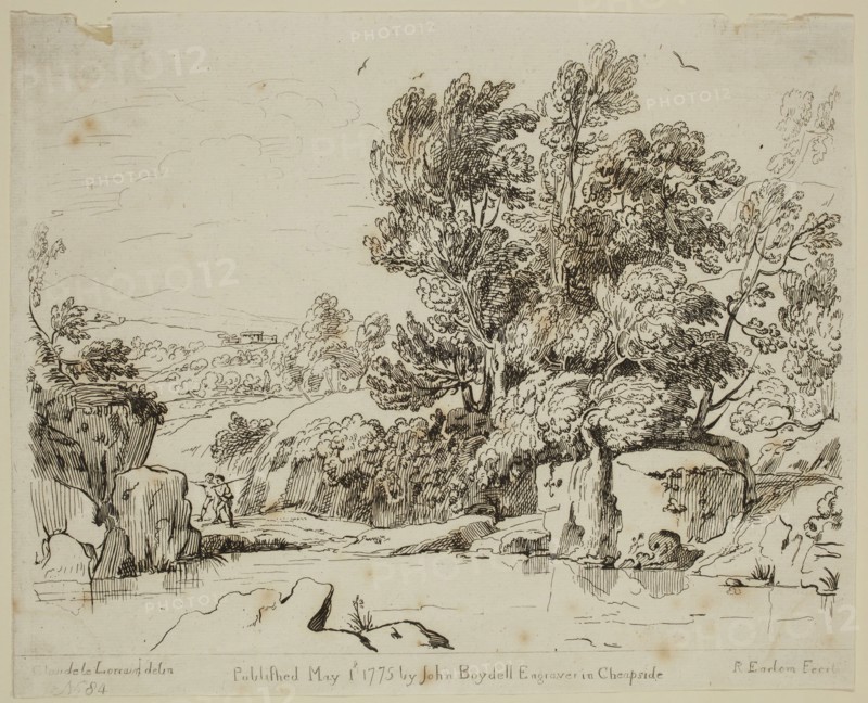 Richard Earlom, English, 1743 - 1822, after Claude Gellée, French, 1600-1682, Landscape with River, ca. 1775, etching printed in black ink on laid paper, Sheet (trimmed to plate mark): 8 1/8 × 10 1/8 inches (20.6 × 25.7 cm)