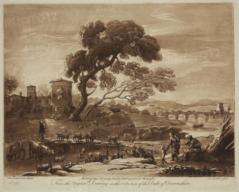 Richard Earlom, English, 1743 - 1822, after Claude Gellée, French, 1600-1682, The Piping Herdsman and the Dancing Dog, ca. 1775, Etching and mezzotint printed in brown on laid paper, plate: 8 1/8 x 10 1/8 in.