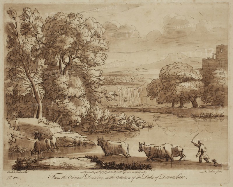 Richard Earlom, English, 1743 - 1822, after Claude Gellée, French, 1600-1682, Herdsman Passing with Cattle through a River, ca. 1775, Etching and mezzotint printed in brown on laid paper, plate: 8 1/8 x 10 1/8 in.