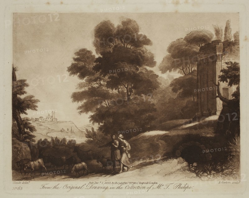 Richard Earlom, English, 1743 - 1822, Young Man and Woman Driving Cattle, ca. 1810, etching and mezzotint printed in brown ink on laid paper, Plate: 6 1/4 × 7 7/8 inches (15.9 × 20 cm)