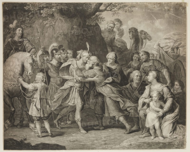 Richard Earlom, English, 1743 - 1822, after Peter Paul Rubens, Flemish, 1577-1640, Meeting of Jacob and Joseph, 18th/19th Century, Mezzotint printed in black on wove paper, image: 19 x 23 3/4 in.