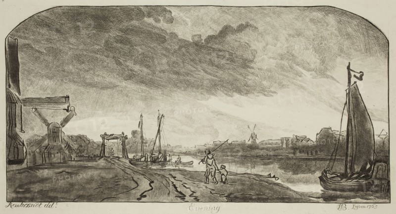 William Baillie, English, 1723-1810, after Rembrandt Harmensz van Rijn, Dutch, 1606-1669, Evening, 1765, etching printed in black ink on wove paper, Plate: 7 × 11 7/8 inches (17.8 × 30.2 cm)