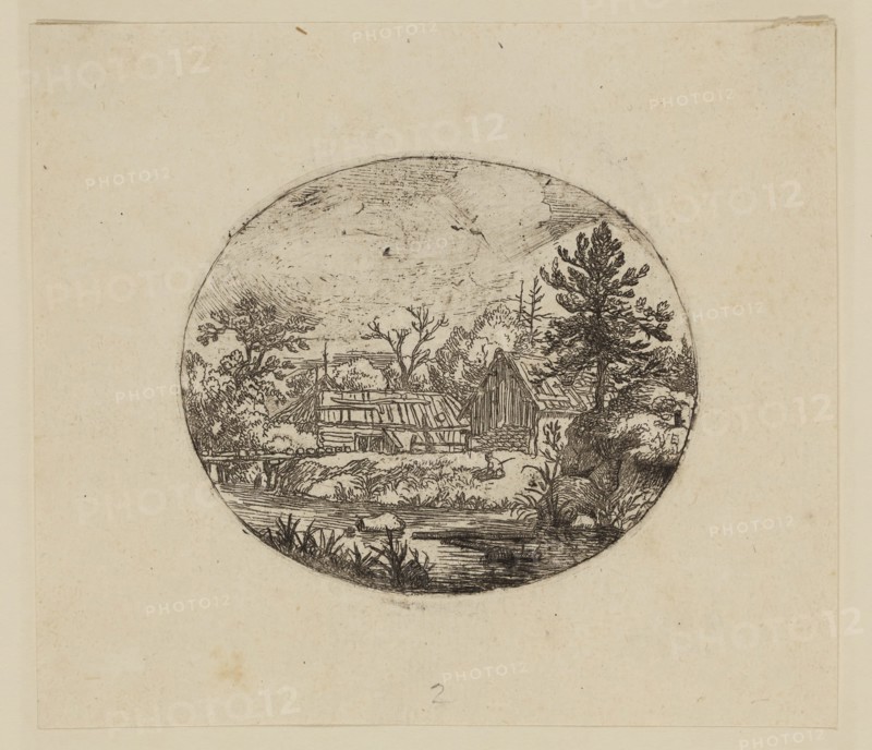 Allart van Everdingen, Dutch, 1621-1675, The Hamlet at the Bank of a River, between 1621 and 1675, etching printed in black ink on laid paper, Plate (oval): 2 1/2 × 3 inches (6.4 × 7.6 cm)