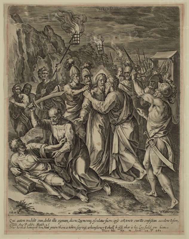 William Faithorne, English, 1616-1691, Betrayal of Christ, 1653, engraving printed in black ink on laid paper, Plate: 10 3/8 × 8 inches (26.4 × 20.3 cm)