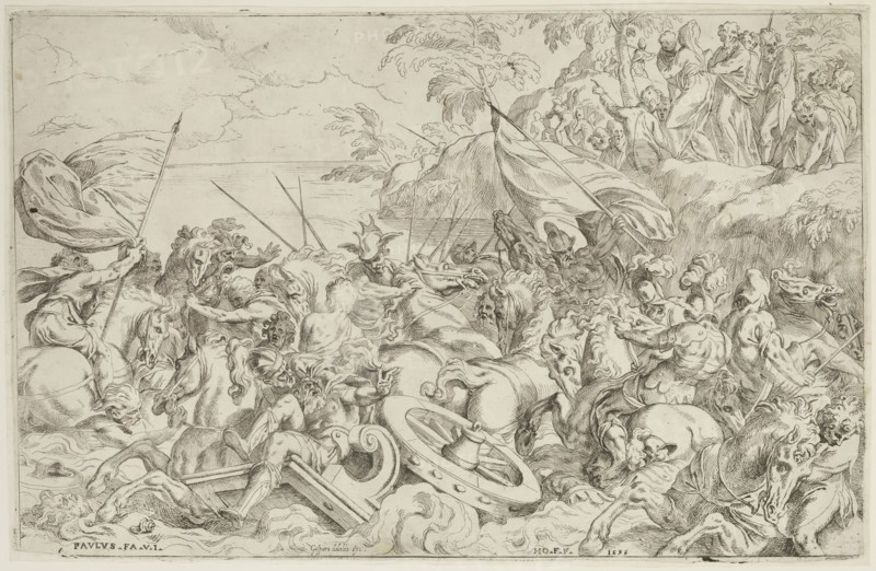 Horazio Farinati, Italian, 1559-1616, after Paolo Farinato, Italian, 1524-1606, The Crossing of the Red Sea, 1593, etching printed in black ink on laid paper, Plate: 14 3/8 × 21 7/8 inches (36.5 × 55.6 cm)