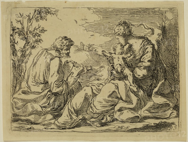 Paolo Farinato, Italian, 1524-1606, Holy Family, between 1524 and 1606, etching printed in black ink on laid paper, Plate: 3 3/4 × 5 inches (9.5 × 12.7 cm)
