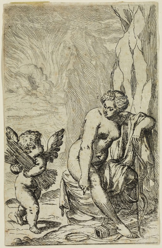 Odoardo Fialetti, Italian, 1573-1638, Venus Covering Sleeping Amor, between 1573 and 1638, etching printed in black ink on laid paper, Sheet (trimmed within plate mark): 7 × 3 5/8 inches (17.8 × 9.2 cm)
