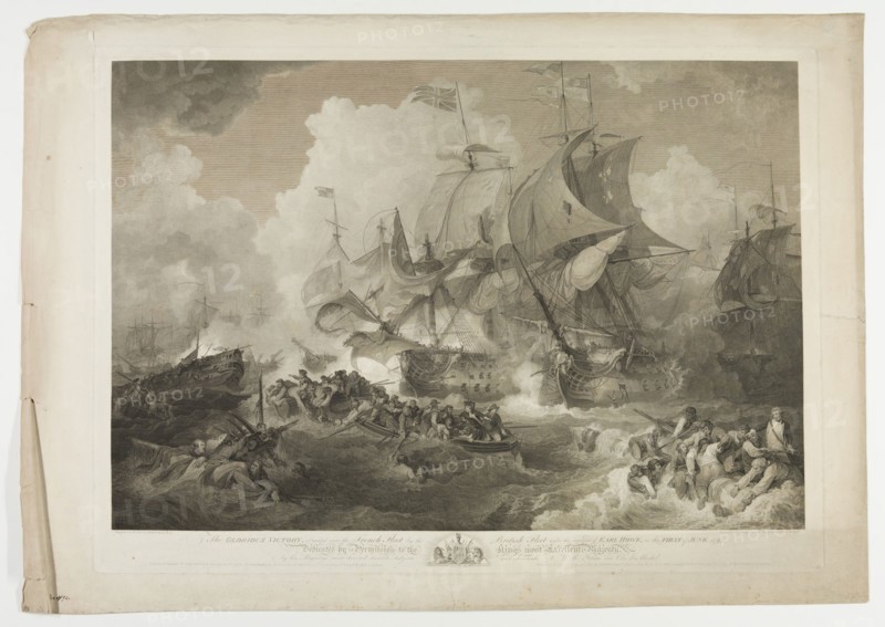 James Fittler, English, 1758-1835, after Philipp Jakob II Loutherboug, French, 1740-1812, The Glorious Victory over the French Fleet by the British Fleet under the Command of Earl Howe on the First of June 1794, 1794, engraving printed in black ink on laid paper, Plate: 23 × 32 inches (58.4 × 81.3 cm)