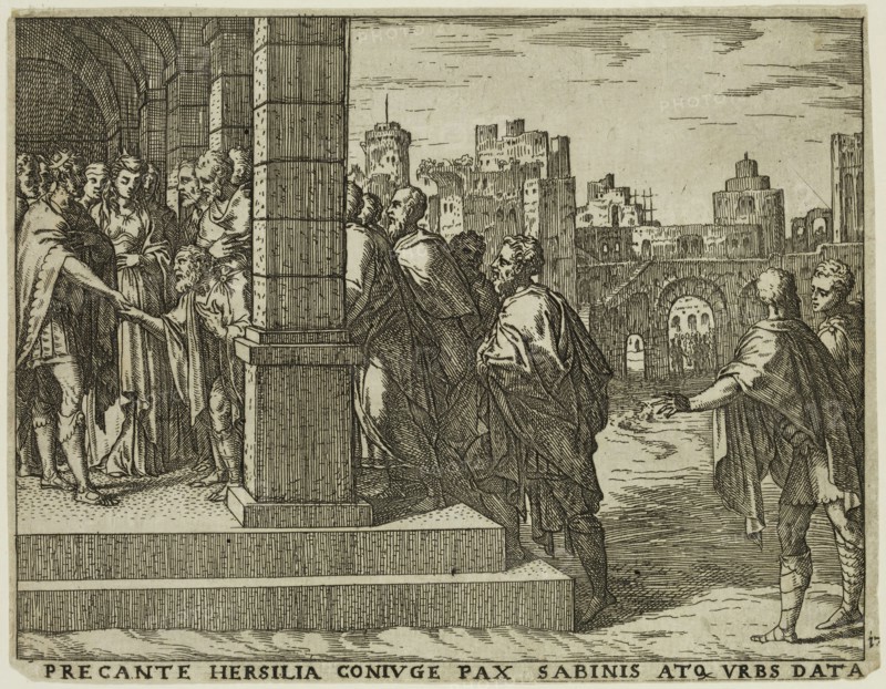 Giovanni Battista Fontana, Italian, 1524-1587, Upon Hersilia's Entreaties, Peace Is Made with the Sabines, and Their City Ret, 1573, etching and engraving printed in black ink on laid paper, Sheet: 5 3/8 × 6 7/8 inches (13.7 × 17.5 cm)