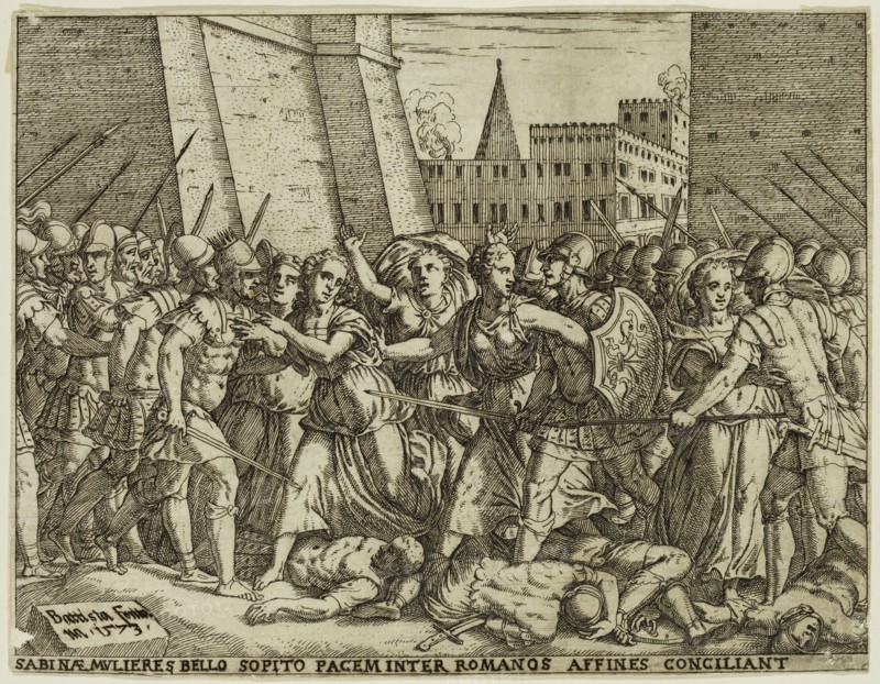 Giovanni Battista Fontana, Italian, 1524-1587, The Sabine Women Negociate a Peace, 1573, etching and engraving printed in black ink on laid paper, Sheet: 5 1/4 × 6 3/4 inches (13.3 × 17.1 cm)