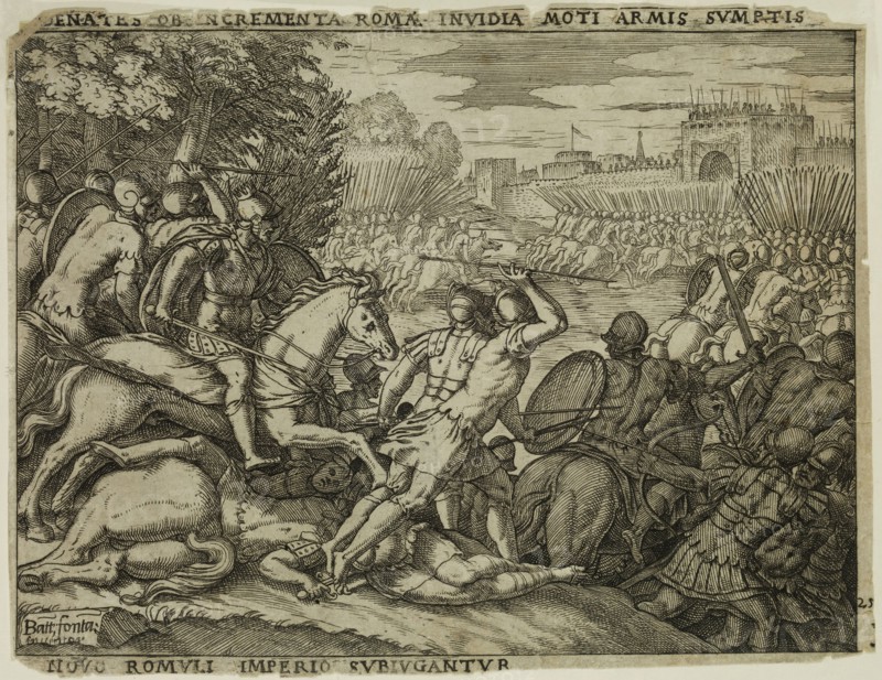 Giovanni Battista Fontana, Italian, 1524-1587, Romulus Subjugates the Fidenaeans, 1573, etching and engraving printed in black ink on laid paper, Sheet: 5 3/8 × 7 inches (13.7 × 17.8 cm)