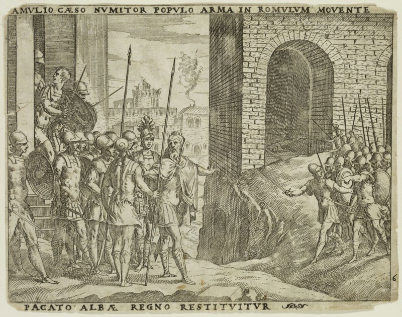 Giovanni Battista Fontana, Italian, 1524-1587, Numitor after the Death of Amulius Is Restored to the Throne of Alba, 1573, etching and engraving printed in black ink on laid paper, Sheet: 5 3/8 × 7 inches (13.7 × 17.8 cm)