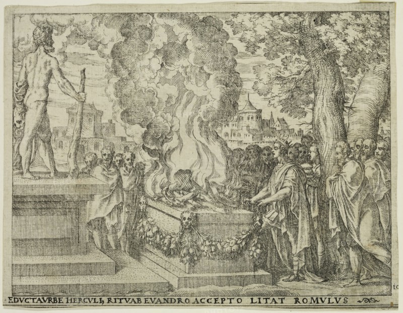 Giovanni Battista Fontana, Italian, 1524-1587, Romulus Offers a Sacrifice to Hercules, 1573, etching and engraving printed in black ink on laid paper, Sheet: 5 1/2 × 7 inches (14 × 17.8 cm)