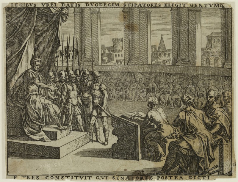 Giovanni Battista Fontana, Italian, 1524-1587, Having Given the Laws, He Choses Twelve Bodyguards and a Hundred Men Who Will, 1573, etching and engraving printed in black ink on laid paper, Sheet: 5 3/8 × 7 inches (13.7 × 17.8 cm)