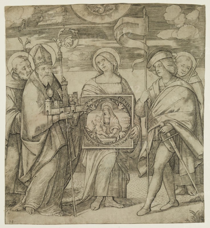 Jacopo Francia, Italian, 1484-1557, The Patron Saints of Bologna, between 1484 and 1557, engraving printed in black ink on laid paper, Sheet (trimmed within plate mark): 9 7/8 × 9 inches (25.1 × 22.9 cm)