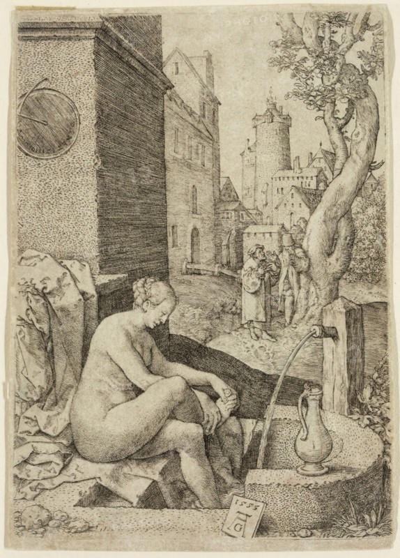 Heinrich Aldegrever, German, 1502-1561, Susanna Surprised by the Two Elders, 1555, engraving and etching printed in black ink on laid paper, Plate: 4 3/8 × 3 1/8 inches (11.1 × 7.9 cm)