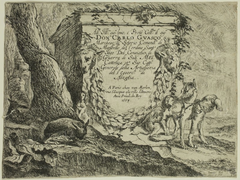 Jan Fyt, Flemish, 1611-1661, Title Page: Pedestal and a Pair of Dogs, 1642, etching printed in black ink on laid paper, Sheet (trimmed within plate mark): 6 1/2 × 8 5/8 inches (16.5 × 21.9 cm)