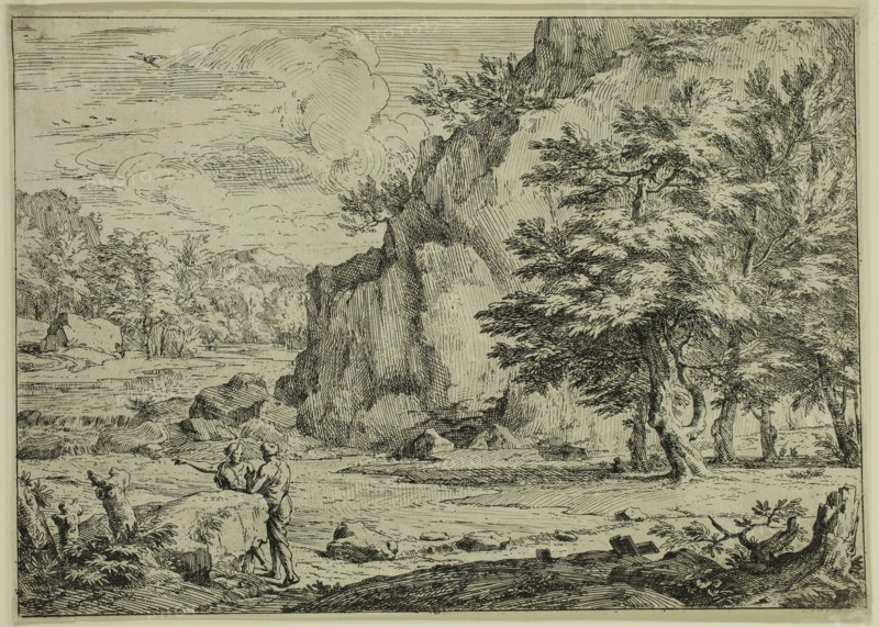 Abraham Genoels, Flemish, 1640-1723, The Large Rock, between 1640 and 1723, etching printed in black ink on laid paper, Sheet (trimmed within plate mark): 8 1/4 × 11 3/4 inches (21 × 29.8 cm)